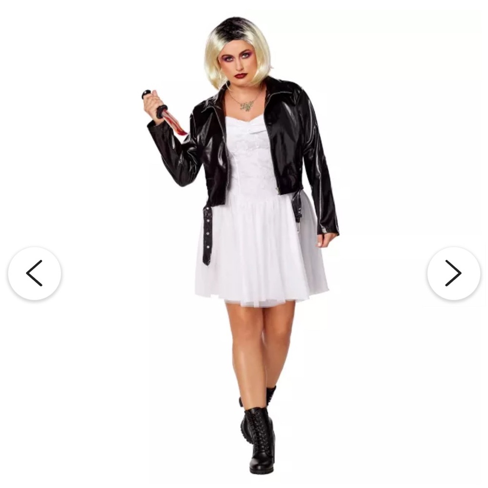 Tiffany Bride of Chucky halloween costume Black Leather Jacket with White Dress